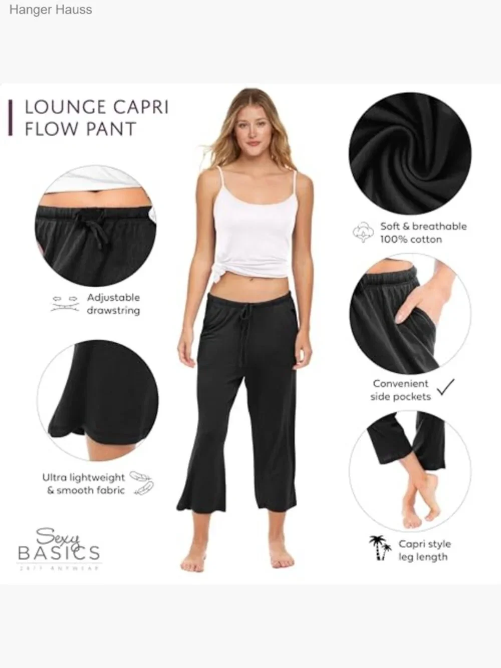 100% Cotton Capri Lounge Pants with Drawstring and Pockets